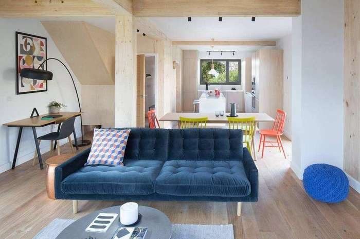 Living space with exposed timber columns